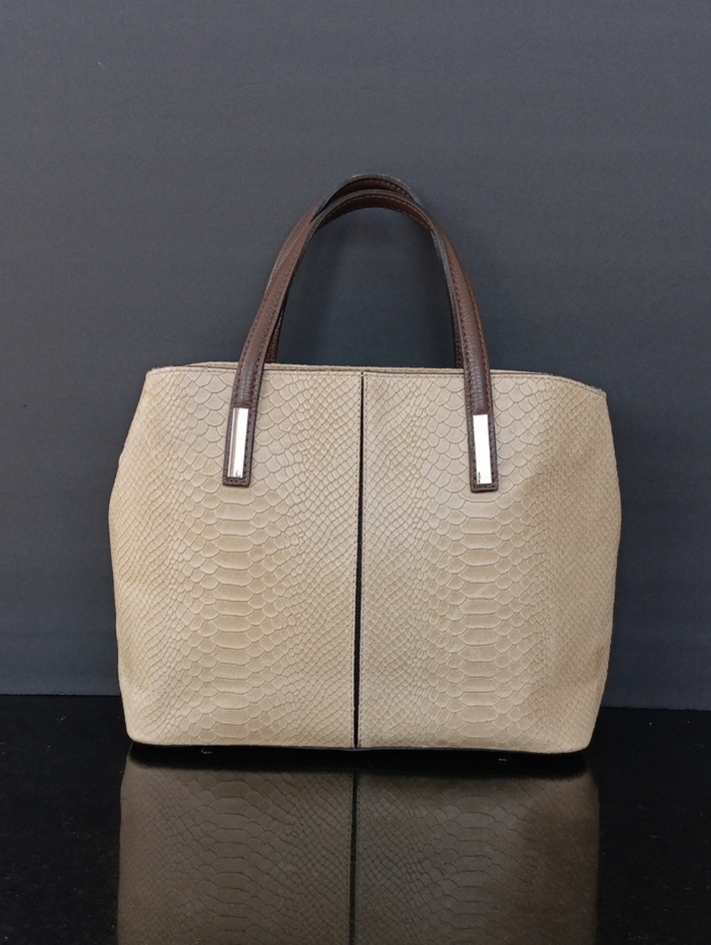 Roberta M Elegant Cream Tote Bag with Brown Handles MADE IN ITALY Size14×10×5